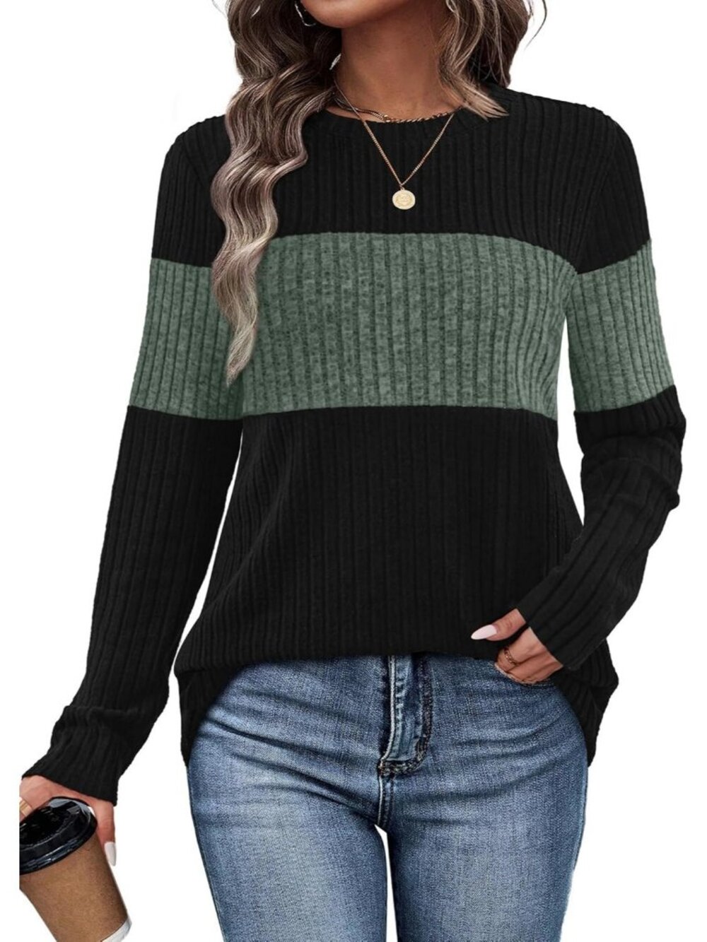 Women's Green Block Tops Long Sleeve Shirts Fall Outfits Trendy Fashion Sweaters